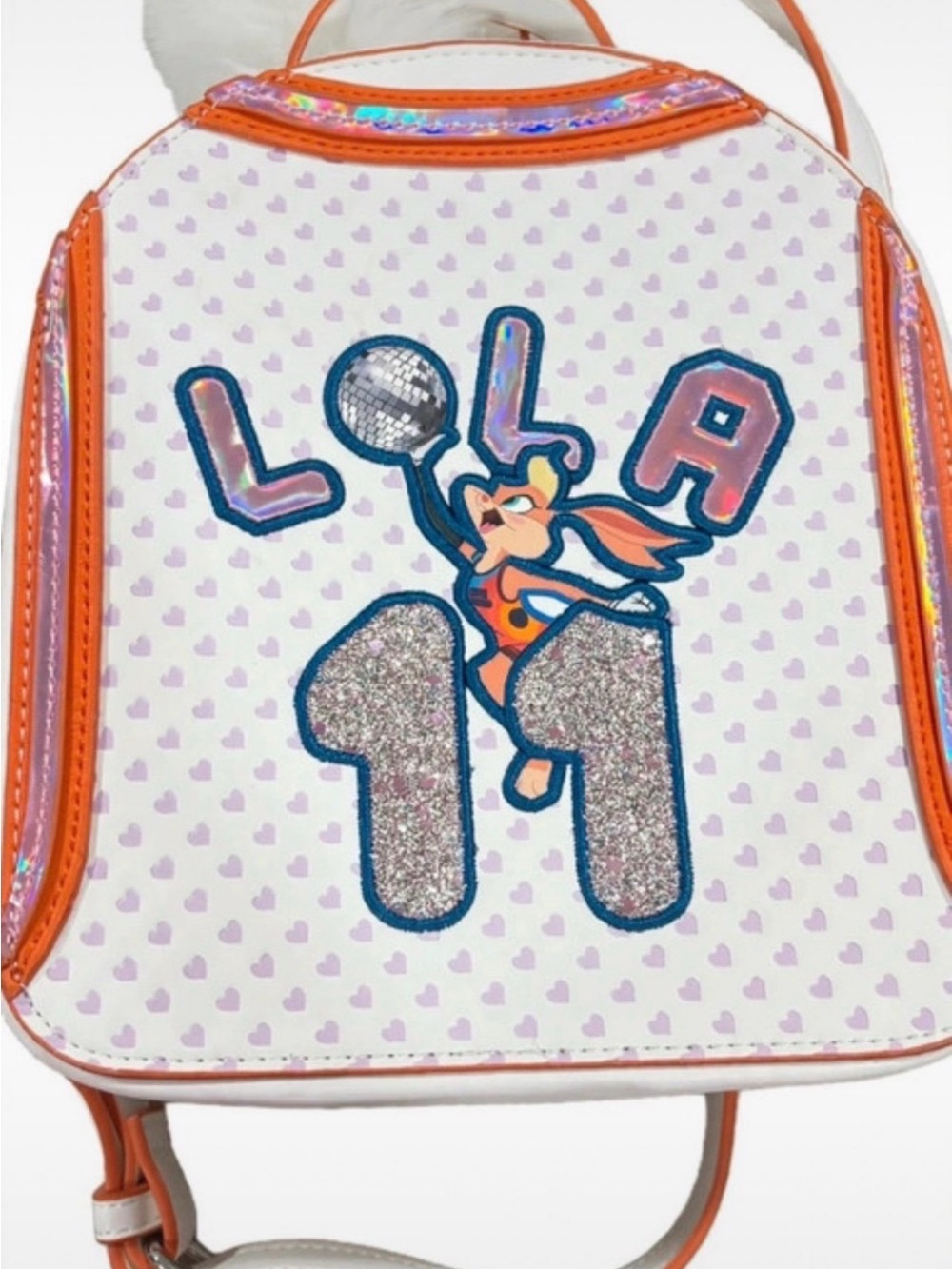 Danielle Nicole White Backpack with Orange Trim and Silver Glitter '11'